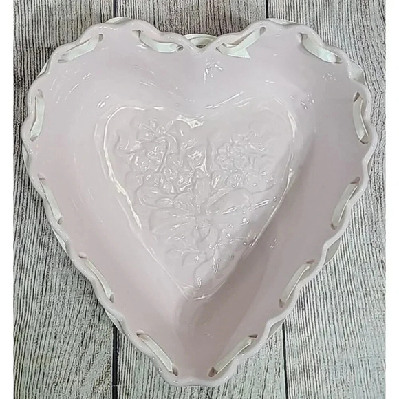 Longaberger Pottery Heart Shaped Ramekin Sweetheart Trinket Candy Dish Pink 8.5" - Picture 1 of 5